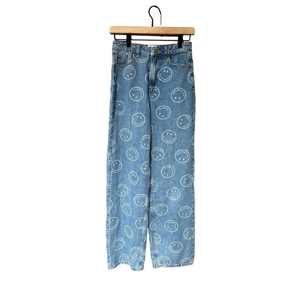 Smiley x H&M smiley Face Wide Leg Straight Leg Smiley Face denim Jeans Size 0